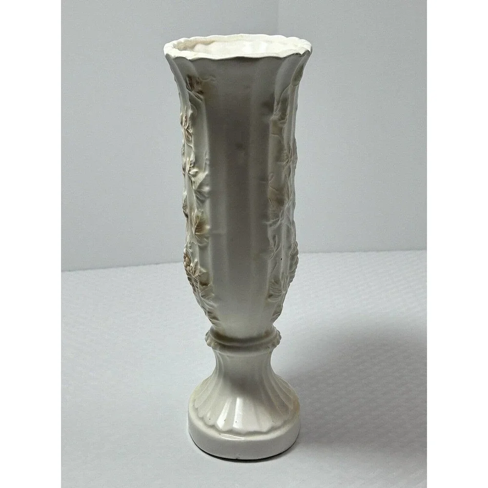 Pottery Pedestal Vase, White‎ & Tan, Raised Embossed Grapes & Leaves, Scalloped